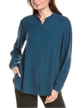 Eileen Fisher 100% Silk Georgette Crepe Band Collar Shirt Blouse in Dark Teal